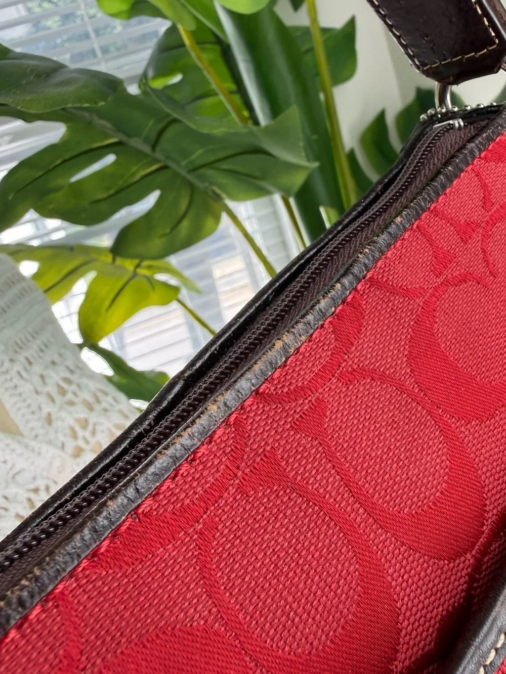 Coach Signature Monogram Red Brown Crossbody Bag Zip Vintage
